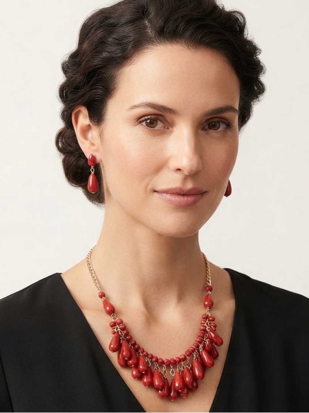 Red Teardrop Bead Statement Necklace and Earring Set